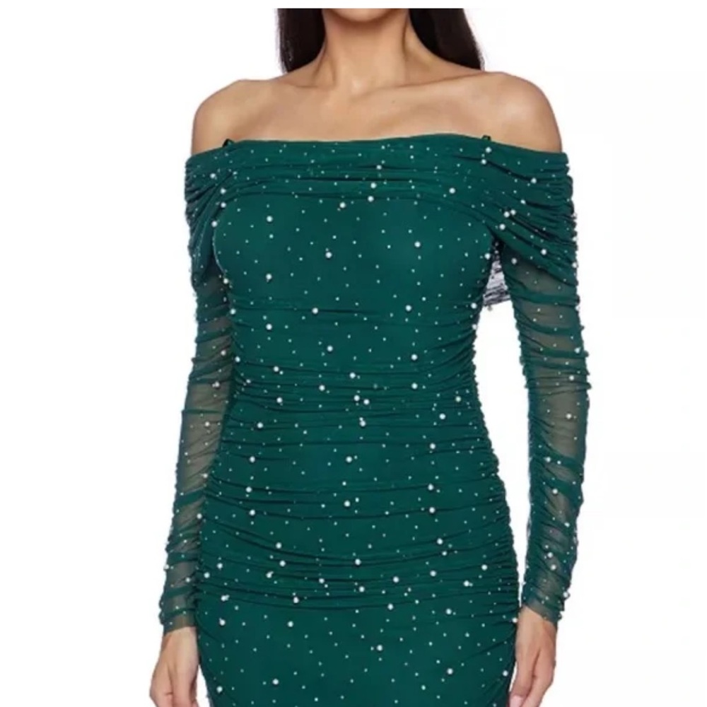 B Darlin Deep Green Off-Shoulder Long Sleeve Dress
